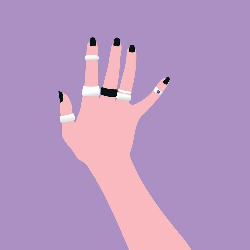 vrouw hand- met zilver ringen en zwart nagels. vector illustratie