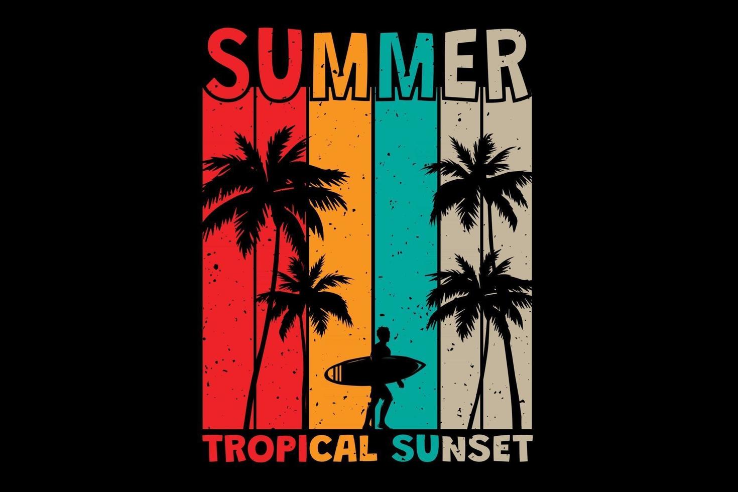 t-shirt zomer tropische zonsondergang surfen retro vintage stijl vector