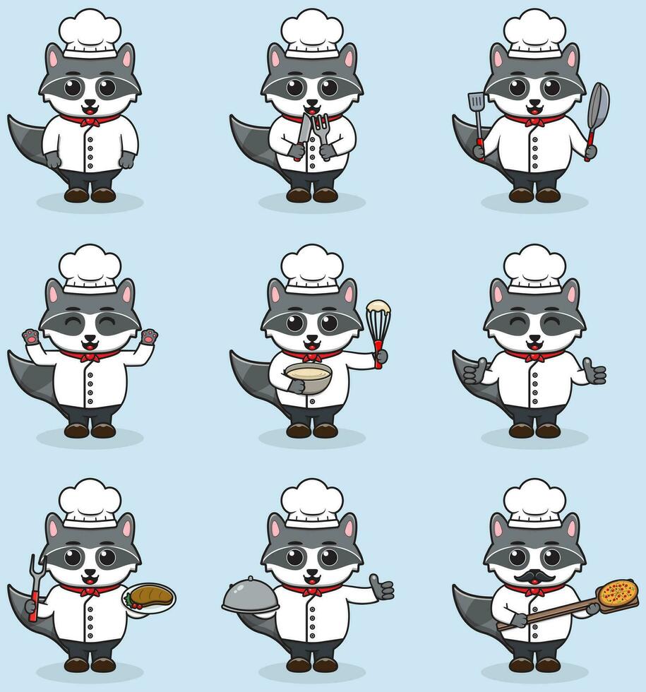 vector illustratie van schattig wasbeer vervelend chef uniform. vlak tekenfilm stijl. reeks van schattig dier tekens in chef uniform. vector illustratie in geïsoleerd achtergrond