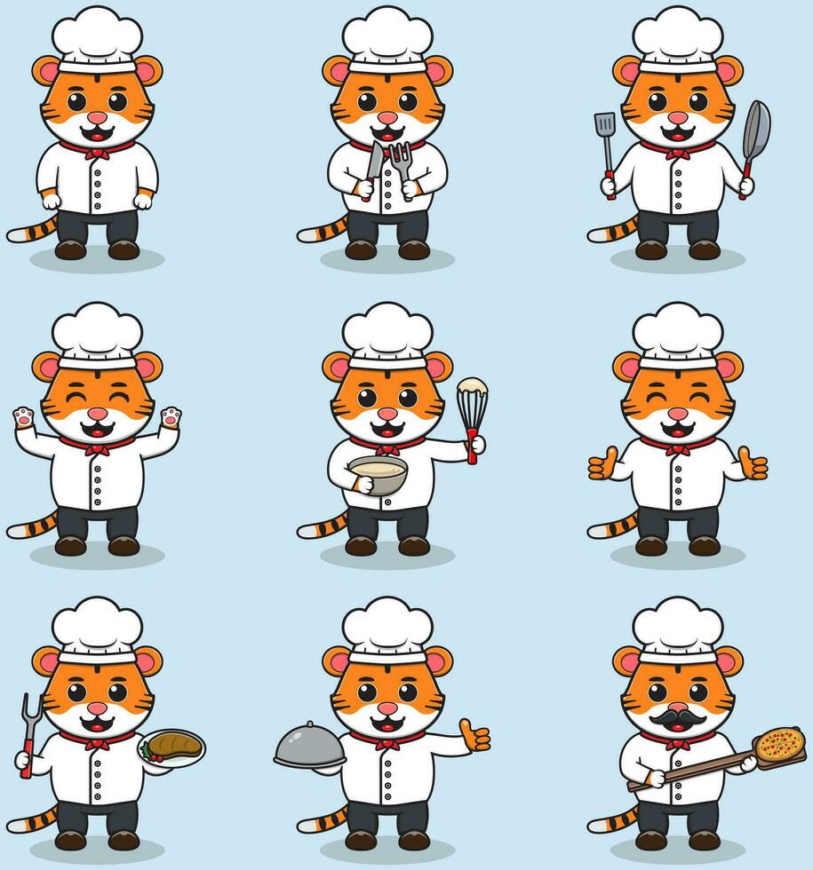 vector illustratie van schattig tijger vervelend chef uniform. vlak tekenfilm stijl. reeks van schattig dier tekens in chef uniform. vector illustratie in geïsoleerd achtergrond