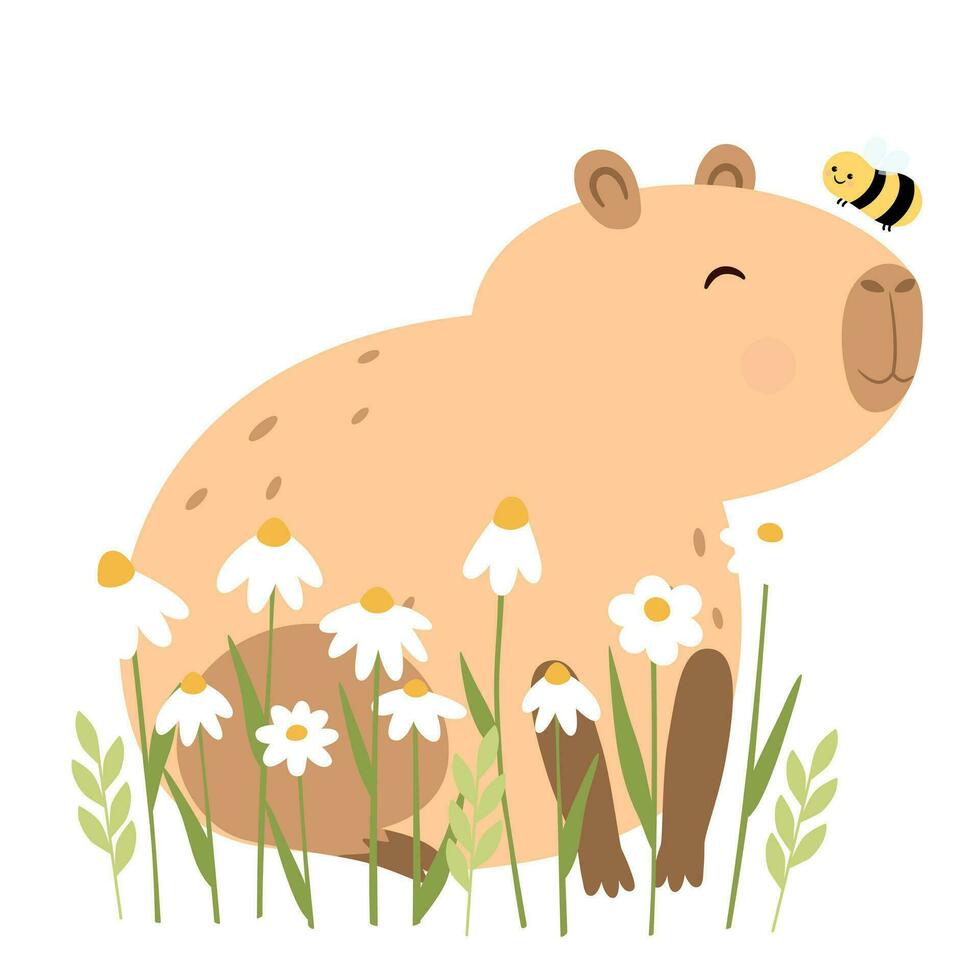 grappig glimlach capibara met bloemen en een bij vector