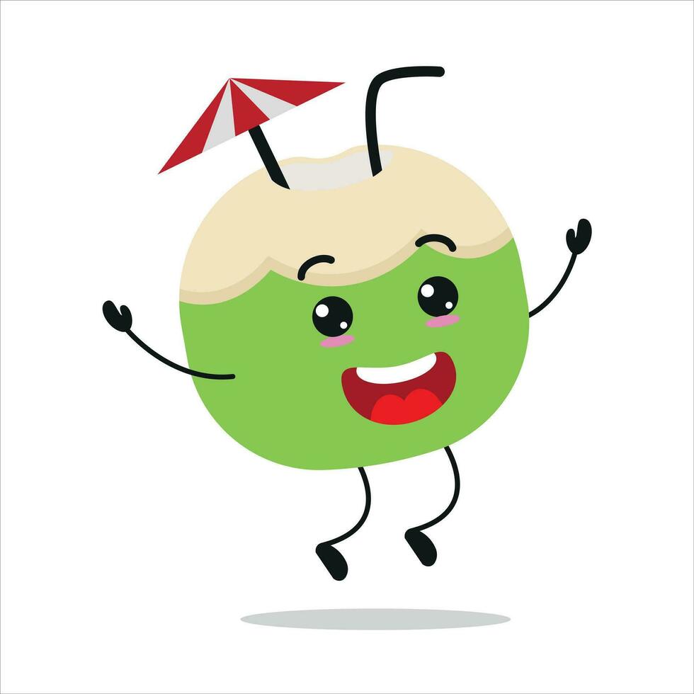 schattig gelukkig plak kokosnoot karakter. grappig springen kokosnoot tekenfilm emoticon in vlak stijl. fruit emoji vector illustratie