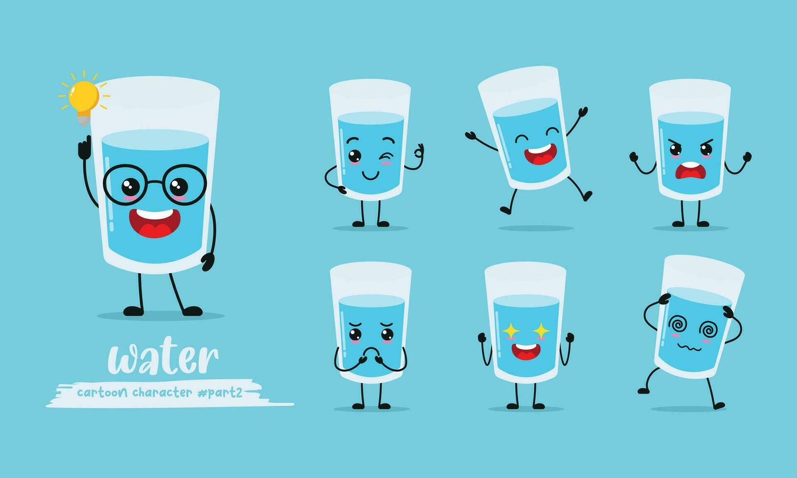 schattig glas van water tekenfilm met veel uitdrukkingen. verschillend werkzaamheid houding vector illustratie vlak ontwerp set.