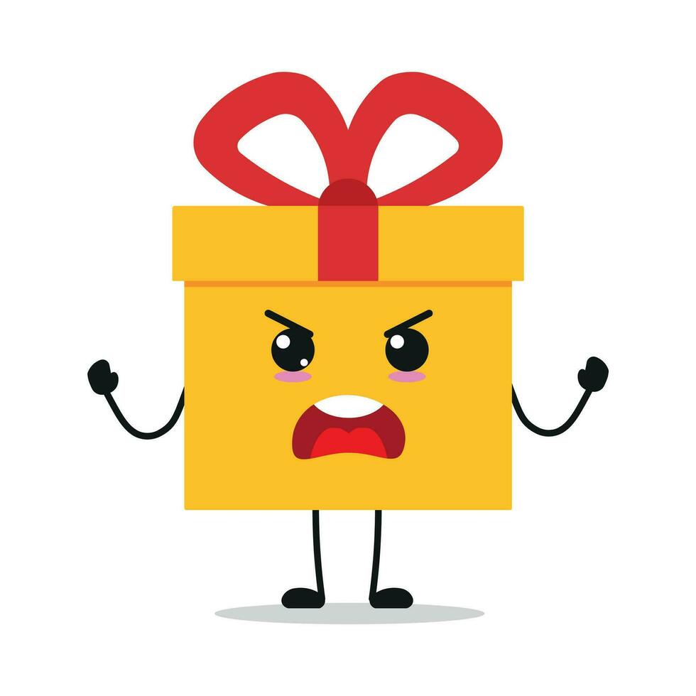 schattig boos geschenk doos karakter. grappig woedend geschenk doos tekenfilm emoticon in vlak stijl. Cadeau emoji vector illustratie