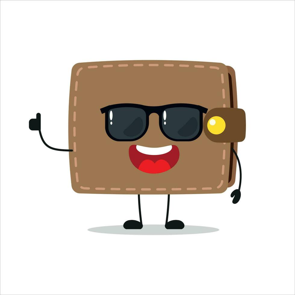 schattig gelukkig portemonnee karakter slijtage zonnebril. grappig handtas begroeten vriend tekenfilm emoticon in vlak stijl. financieel emoji vector illustratie