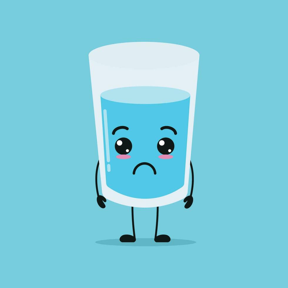 schattig verdrietig water glas karakter. grappig ongelukkig glas tekenfilm emoticon in vlak stijl. water emoji vector illustratie