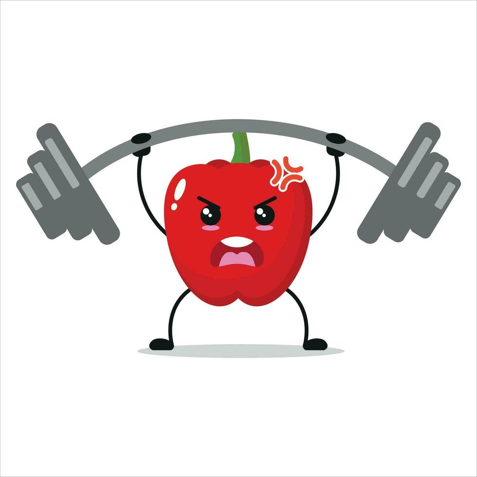 schattig en grappig rood paprika aan het doen gewichtheffen. groente aan het doen geschiktheid of sport- opdrachten. gelukkig karakter werken uit vector illustratie.