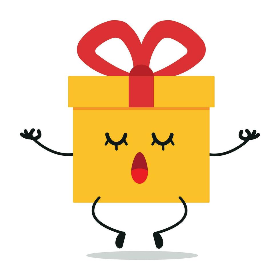 schattig kom tot rust geschenk doos karakter. grappig yoga geschenk doos tekenfilm emoticon in vlak stijl. Cadeau emoji meditatie vector illustratie