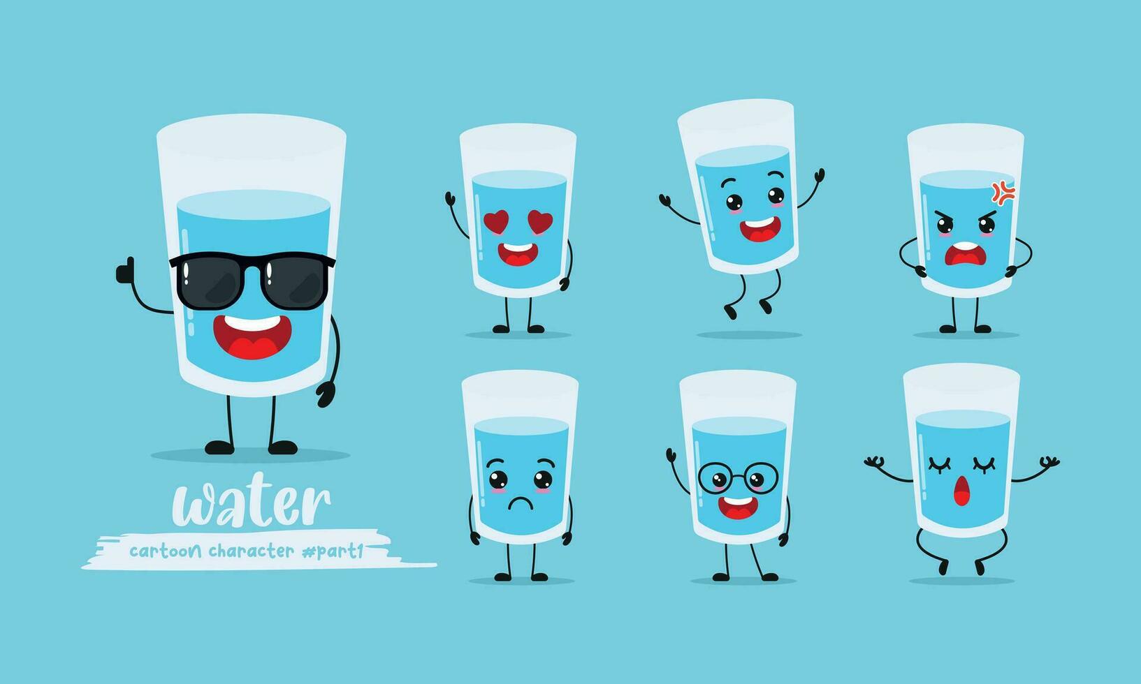 schattig glas van water tekenfilm met veel uitdrukkingen. verschillend werkzaamheid houding vector illustratie vlak ontwerp reeks met zonnebril.