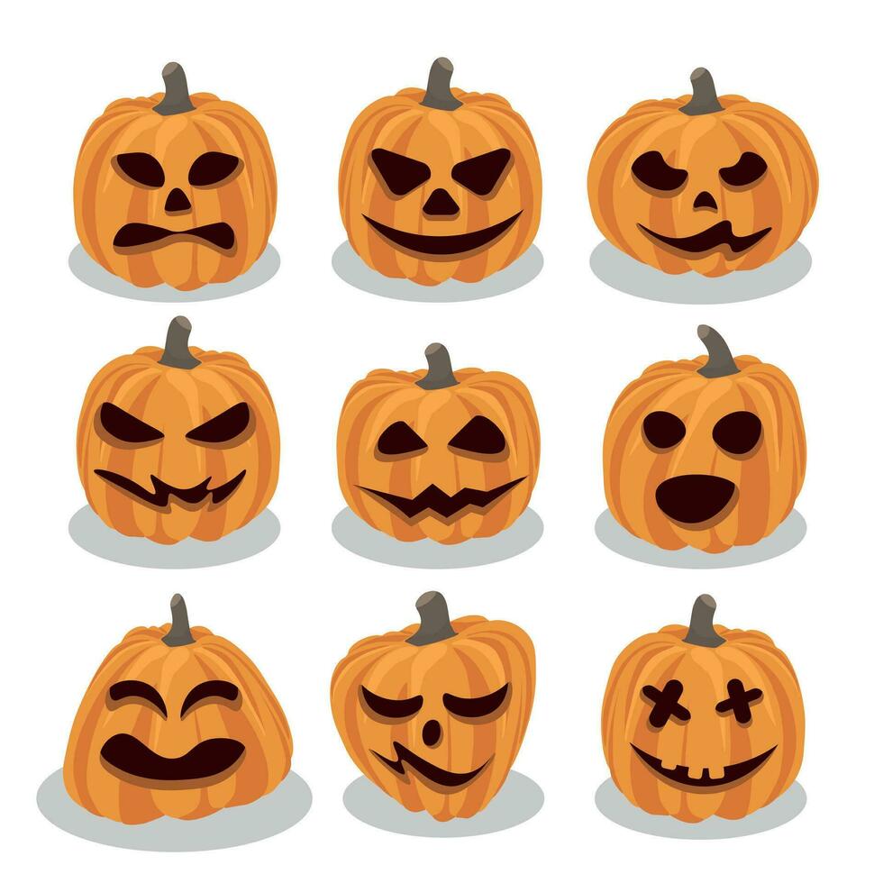 reeks van oranje pompoenen met verschillend glimlacht voor halloween dag geïsoleerd Aan wit achtergrond. de hoofd symbool van de halloween viering. vector illustratie.