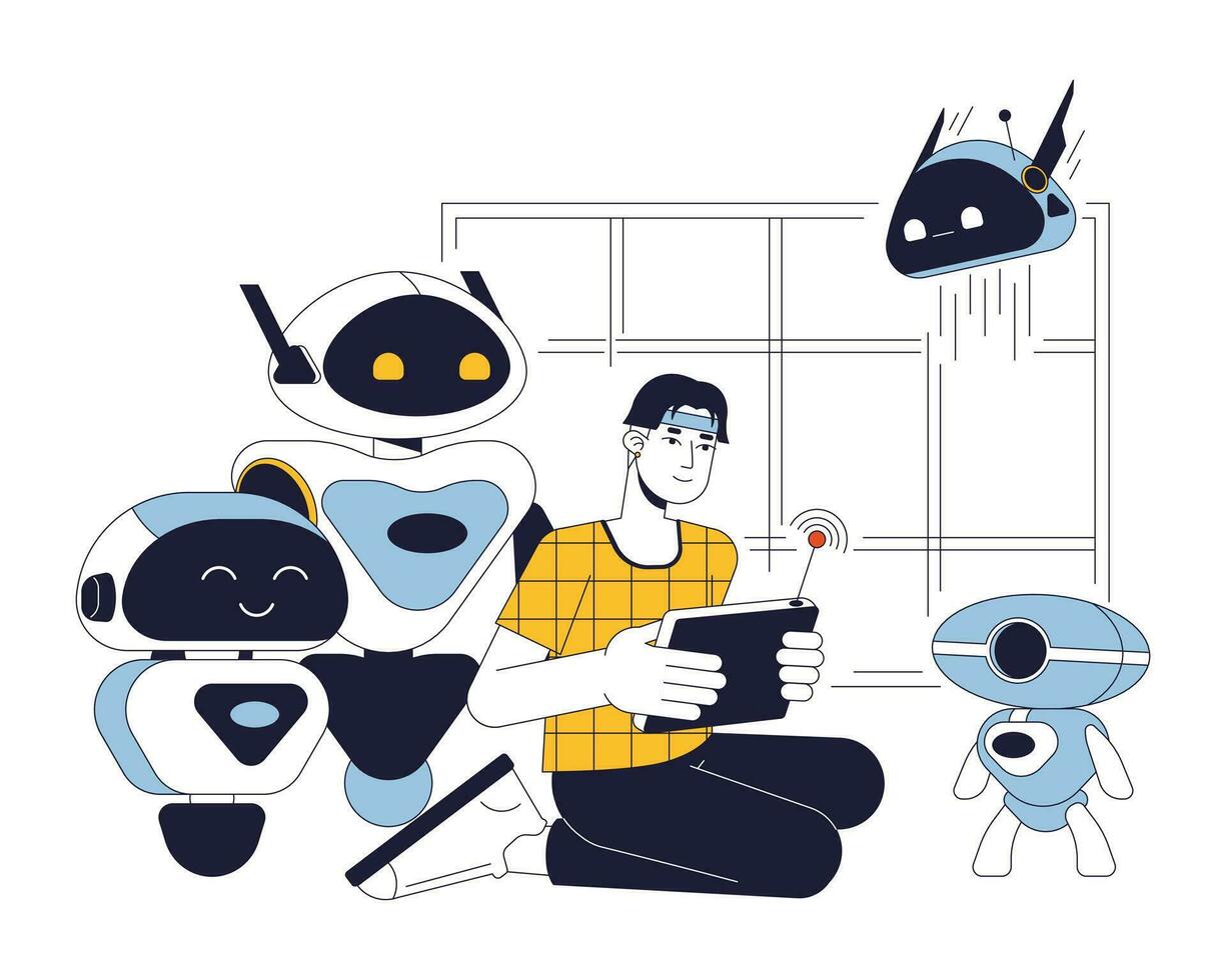 robotica vlak lijn concept vector plek illustratie. opgewonden Aziatisch Mens creëert en beheert robots 2d tekenfilm schets karakter Aan wit voor web ui ontwerp. bewerkbare geïsoleerd kleur held beeld