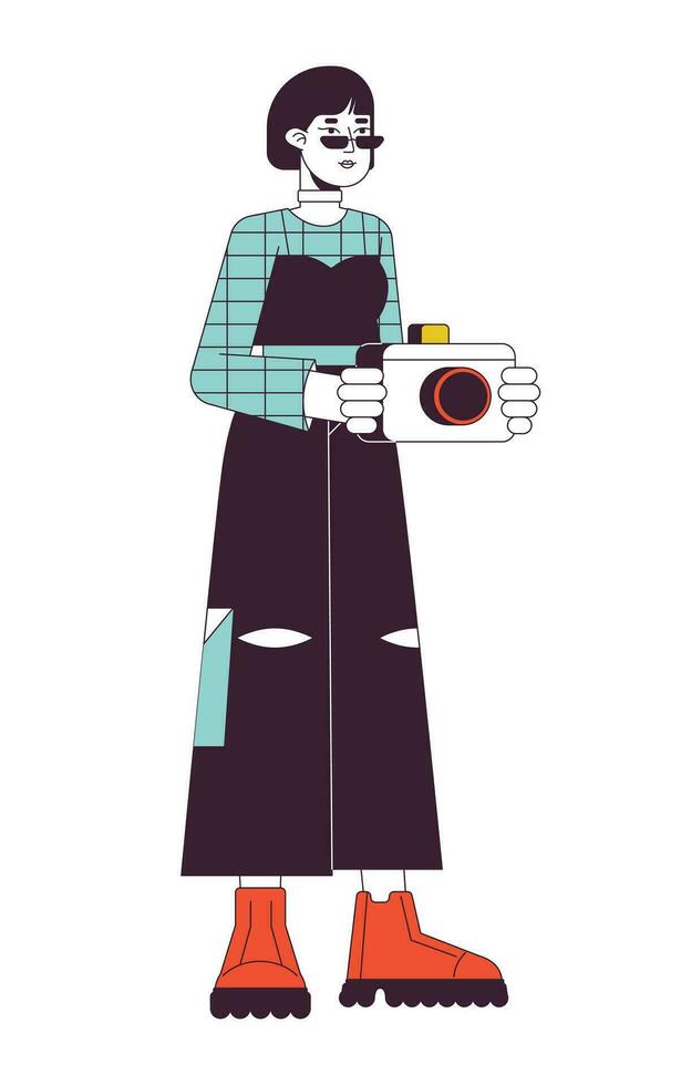 jong Aziatisch fotograaf vlak lijn kleur vector karakter. bewerkbare schets vol lichaam meisje in modieus kleding Holding camera Aan wit. gemakkelijk tekenfilm plek illustratie voor web grafisch ontwerp