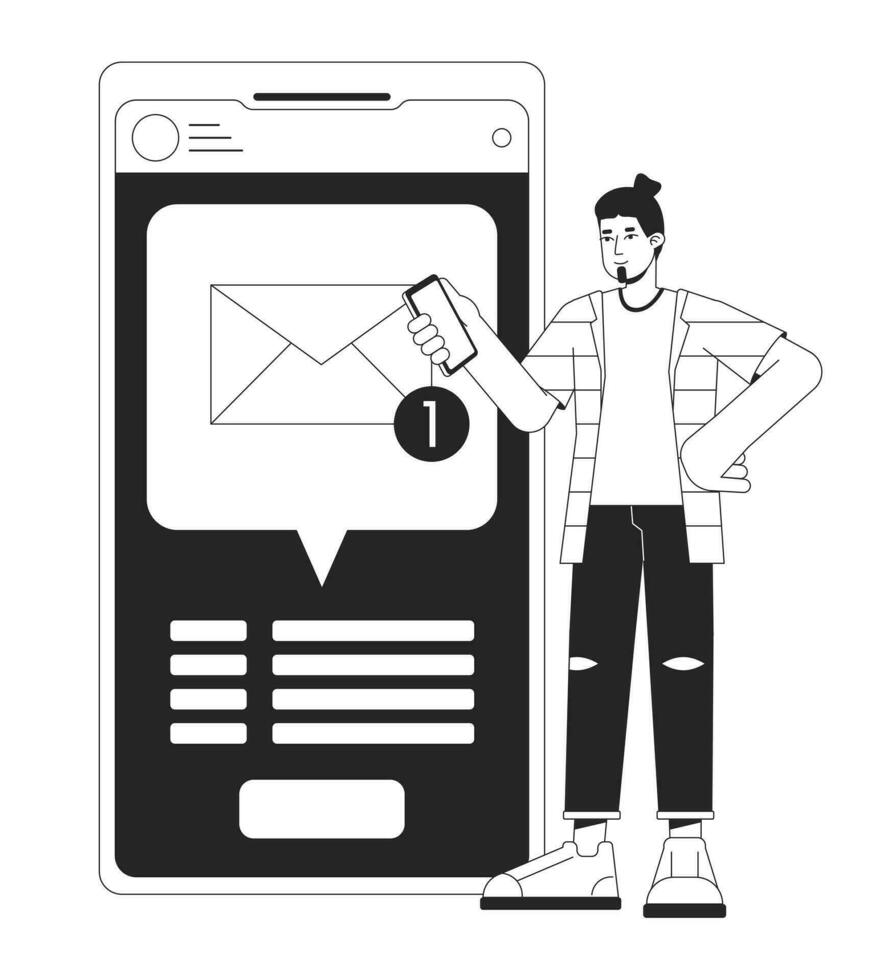 krijgen tekst bericht bw concept vector plek illustratie. kennisgeving. Mens Holding smartphone 2d tekenfilm vlak lijn monochromatisch karakter voor web ui ontwerp.bewerkbaar geïsoleerd schets held beeld