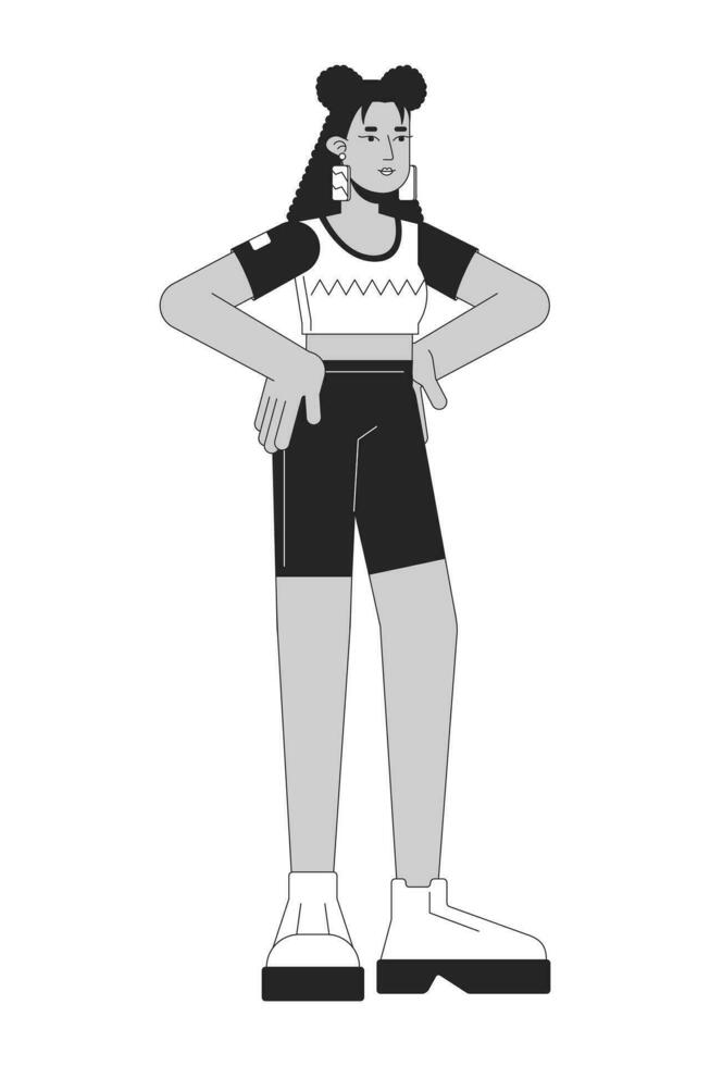 latina vrouw in training kleren vlak lijn zwart wit vector karakter. bewerkbare schets vol lichaam persoon. leggings jong volwassen vrouw gemakkelijk tekenfilm geïsoleerd plek illustratie voor web ontwerp