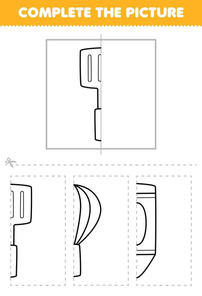 onderwijs spel voor kinderen besnoeiing en compleet de afbeelding van schattig tekenfilm spatel voor de helft schets voor kleur afdrukbare gereedschap werkblad vector