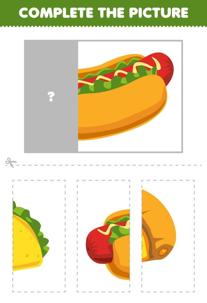 onderwijs spel voor kinderen besnoeiing en compleet de correct afbeelding van schattig tekenfilm hotdog afdrukbare voedsel werkblad vector