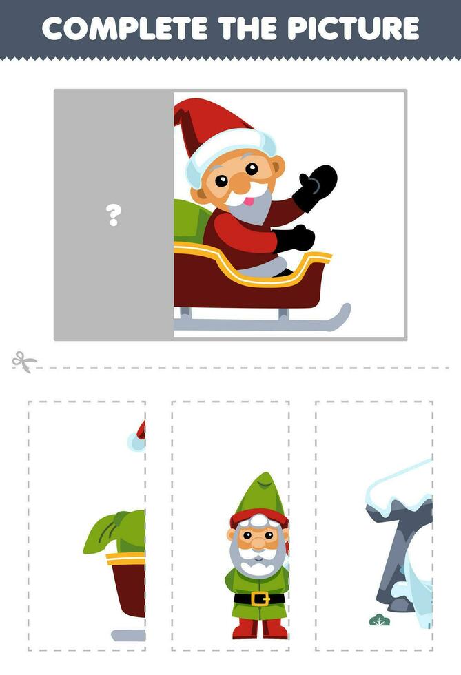 onderwijs spel voor kinderen besnoeiing en compleet de correct afbeelding van schattig tekenfilm de kerstman met een slee afdrukbare winter werkblad vector