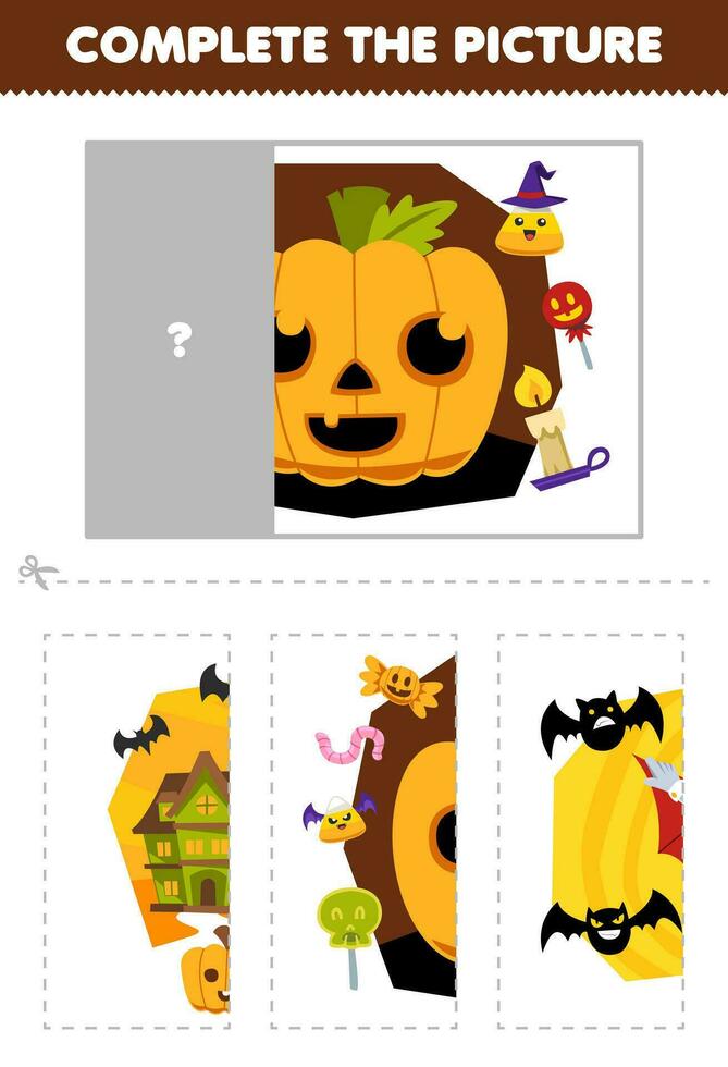 onderwijs spel voor kinderen besnoeiing en compleet de correct afbeelding van schattig tekenfilm pompoen en snoep afdrukbare halloween werkblad vector