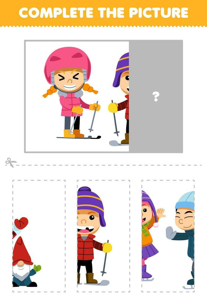 onderwijs spel voor kinderen besnoeiing en compleet de correct afbeelding van schattig tekenfilm jongen en meisje spelen ski afdrukbare winter werkblad vector
