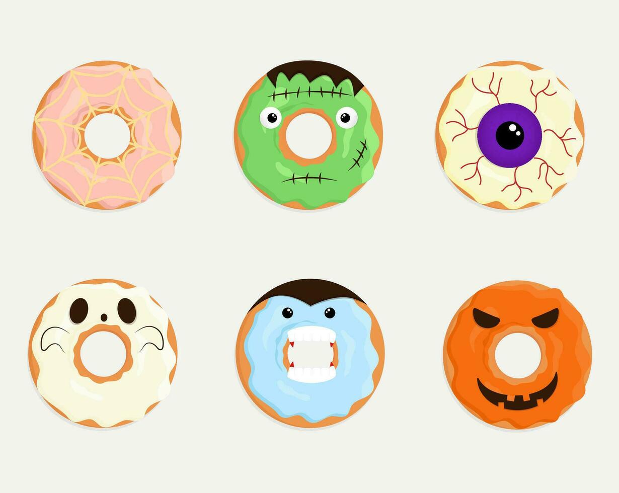 grappig donut reeks in halloween stijl vector