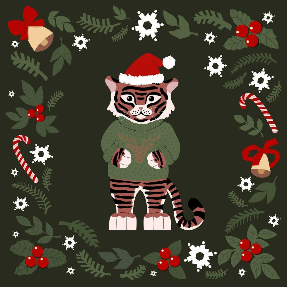 Kerstmis reeks van getrokken schattig elementen. tijger in een trui met een hert en een Kerstmis hoed, sneeuwvlokken, spar, bellen. jaar van de tijger 2022. voor Kerstmis kaarten, affiches, magneten. vlak illustratie vector