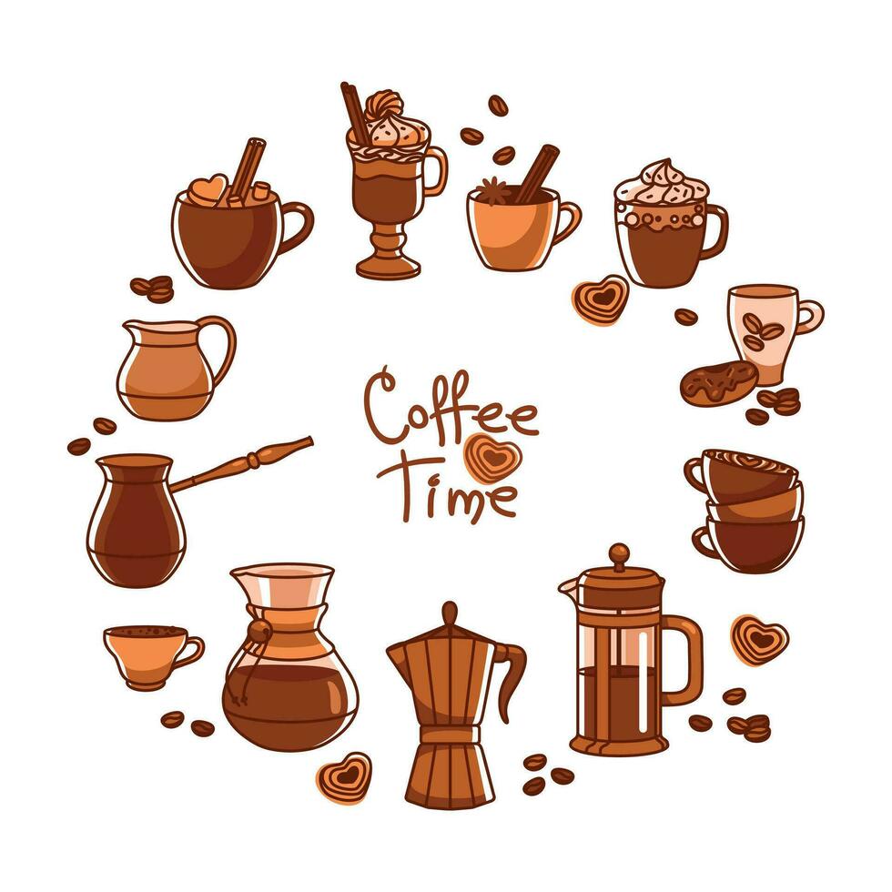 divers types van koffie maken. koffie potten en kopjes. reeks van illustraties. vector. vector