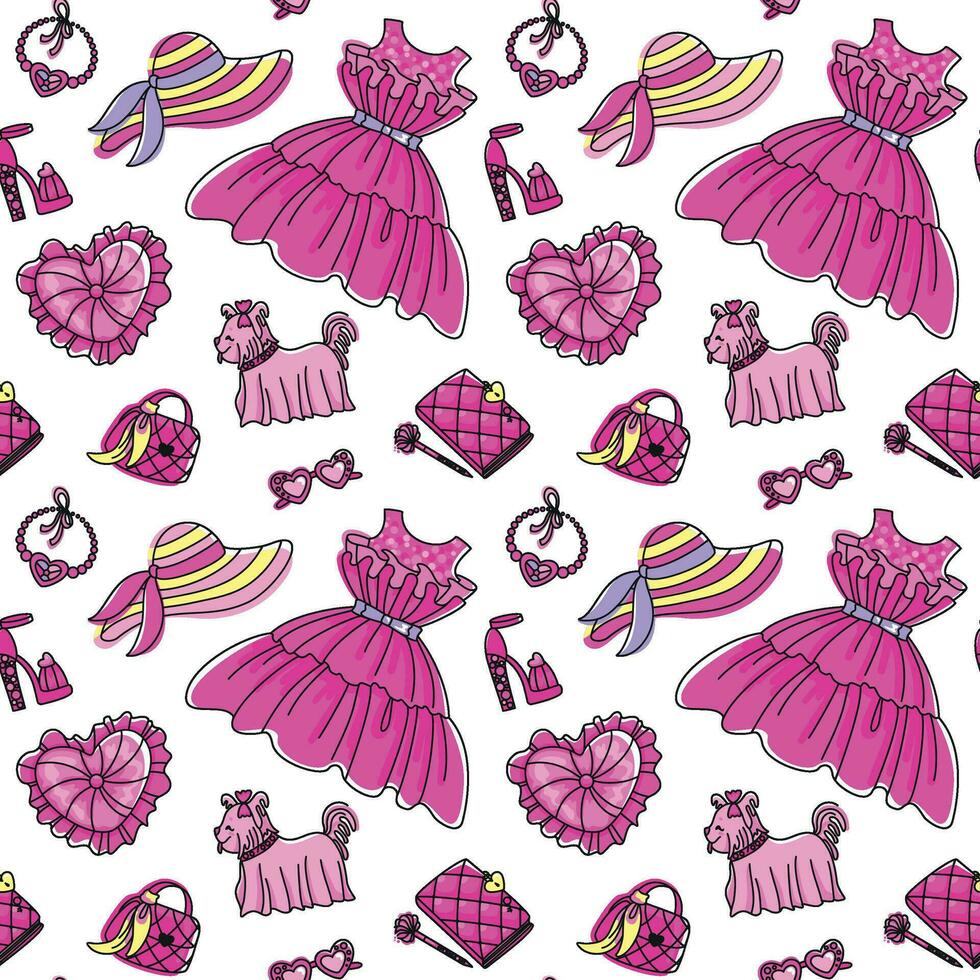 mode accessoires voor meisjes in roze kleuren. mooi levensstijl. naadloos patroon. vector