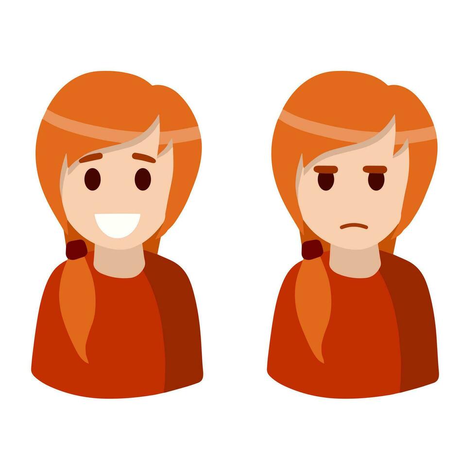 roodharig vrouw. reeks van meisje emoties. varkensstaart Aan hoofd. vreugde en droefheid. schattig vrouw karakter in rood kleren voor sociaal netwerk avatar. glimlach en verdrietig. vlak tekenfilm vector