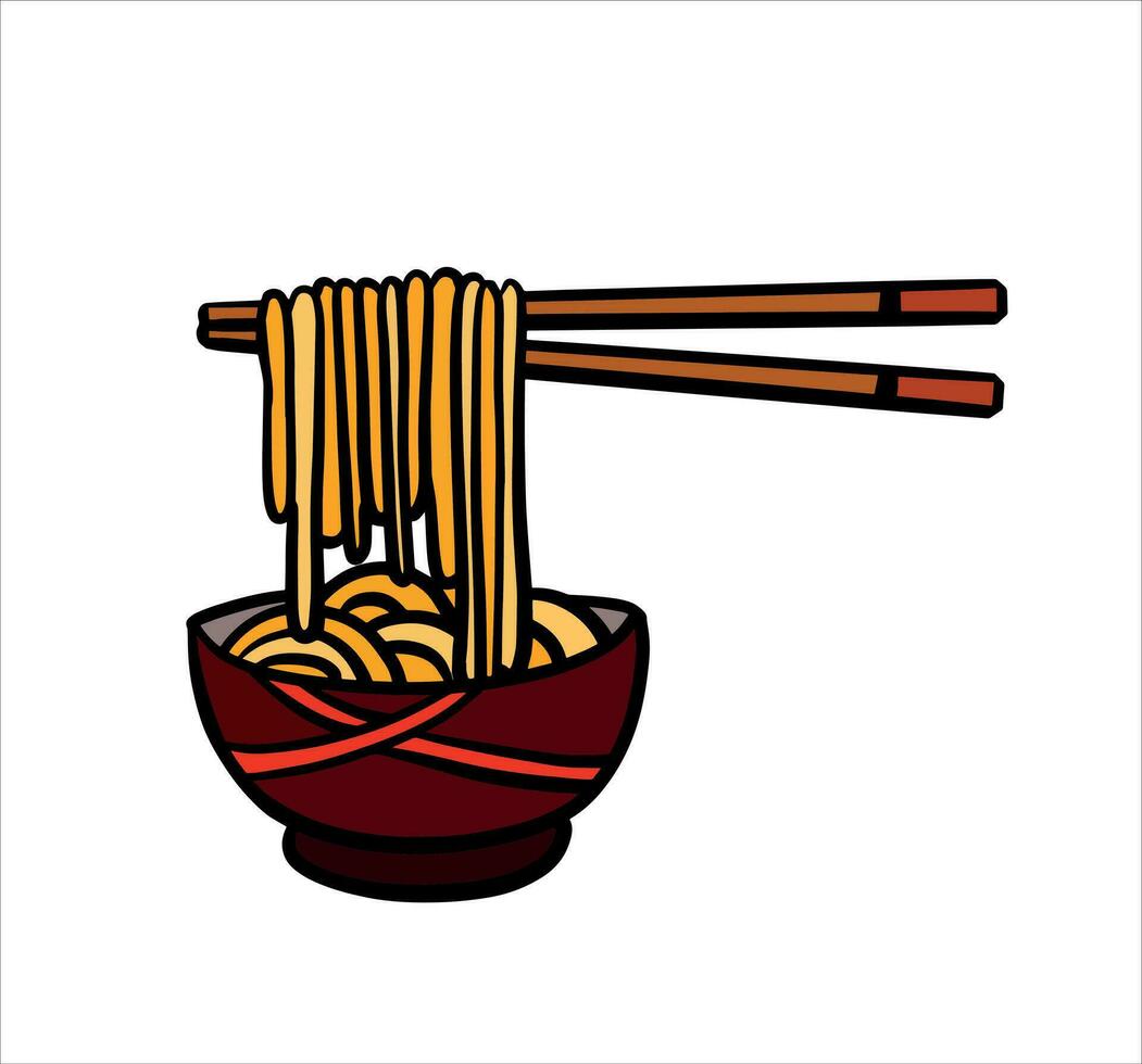 ramen noedels en houten stokjes in schaal. eetstokjes met lang pasta. Aziatisch Japans en Chinese voedsel. vector