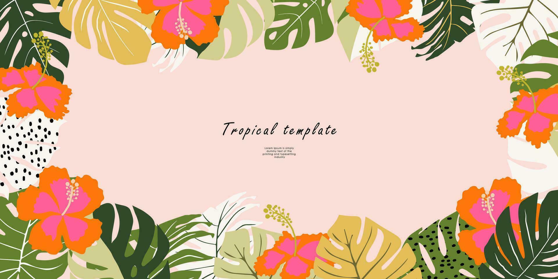 tropisch sjabloon voor poster, kaart, omslag, label, achtergrond, banier in modern minimalistische stijl en gemakkelijk zomer ontwerp Sjablonen met bloemen en planten. vector