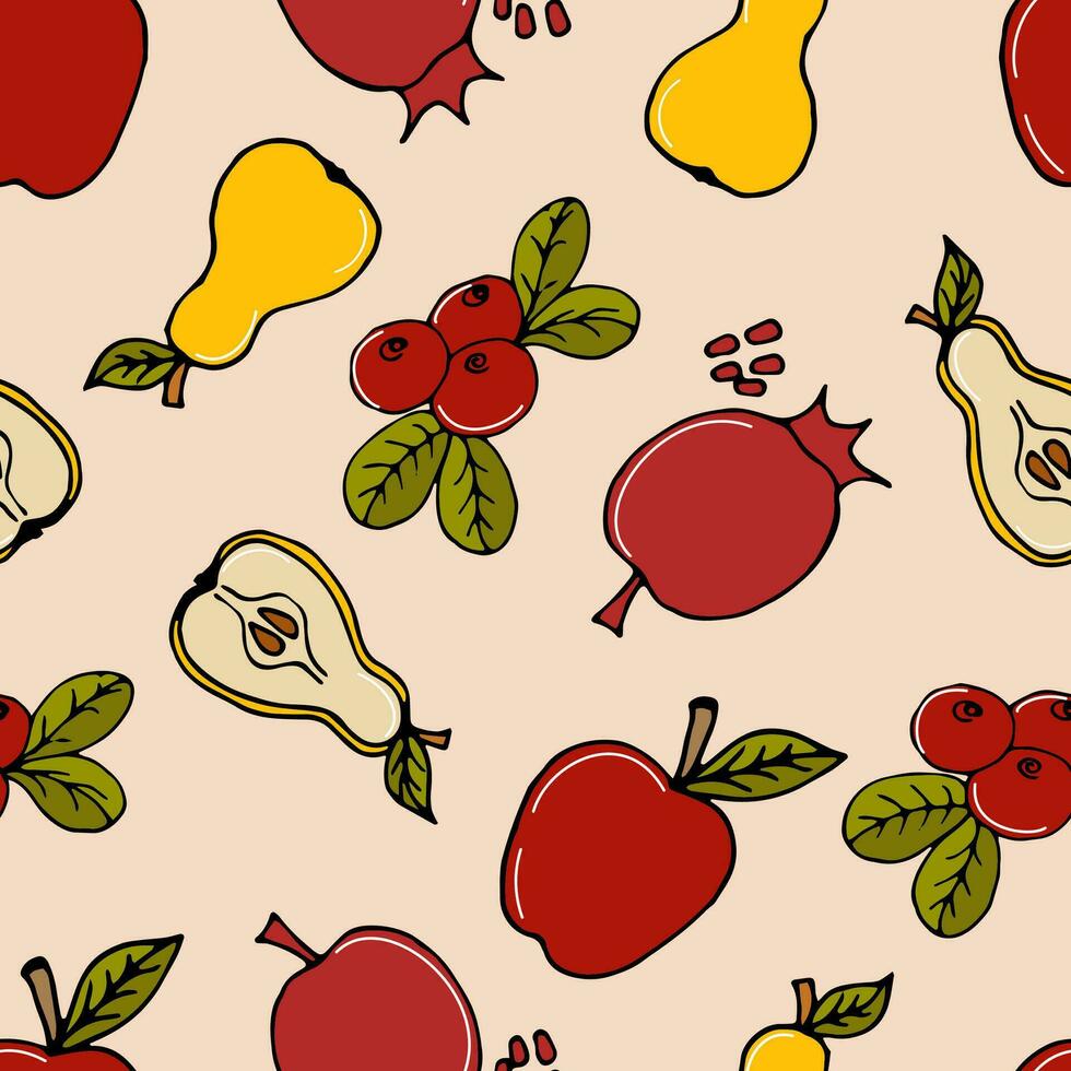 naadloos patroon gekleurde tekening fruit appels, peren, granaatappels en veenbessen Aan licht roze - herfst achtergrond, vector illustratie. voor verpakking, textiel, achtergronden, web ontwerp