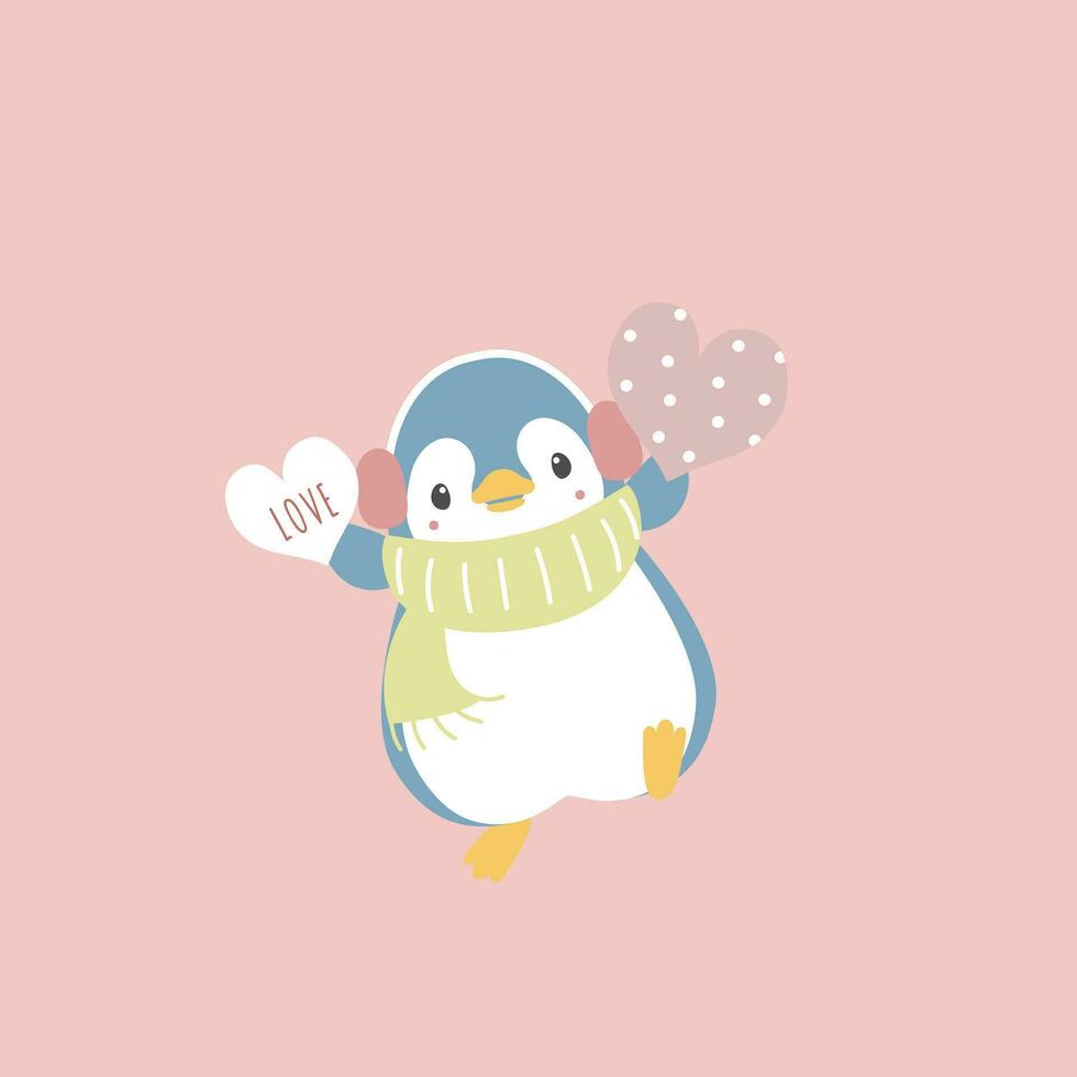 schattig en lief pinguïn Holding hart, gelukkig Valentijnsdag dag, liefde concept, vlak vector illustratie tekenfilm karakter kostuum ontwerp