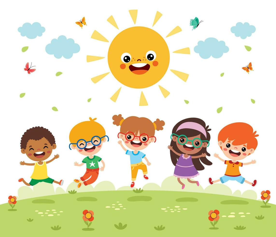 kinderen spelen Bij natuur met zon vector