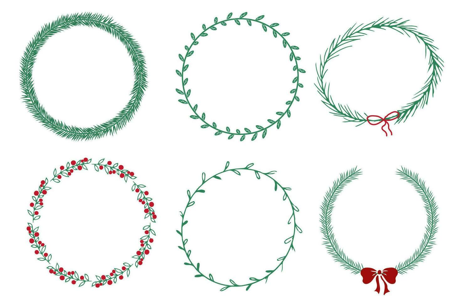 christnas groen guirlande, cirkel kader met boog, bessen, bladeren in tekening stijl geïsoleerd Aan wit achtergrond. gemakkelijk hand- getrokken winter decoratie. vector illustratie