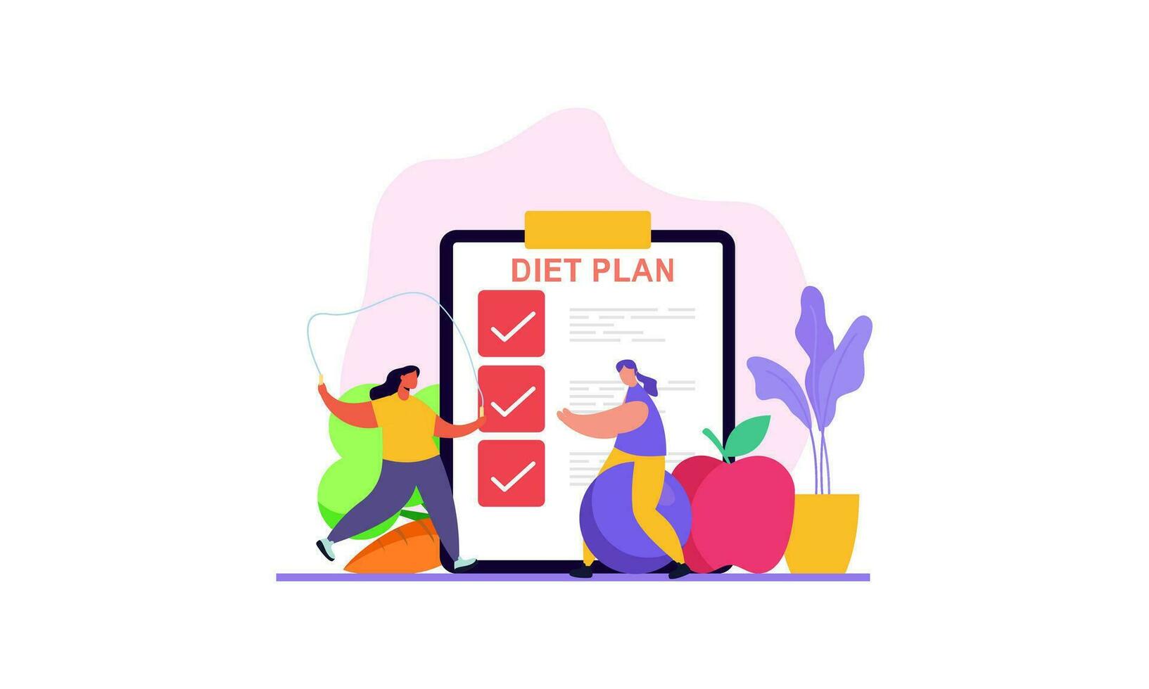 eetpatroon plan checklist illustratie. mensen aan het doen oefening, opleiding en planning eetpatroon met fruit en groente. vector