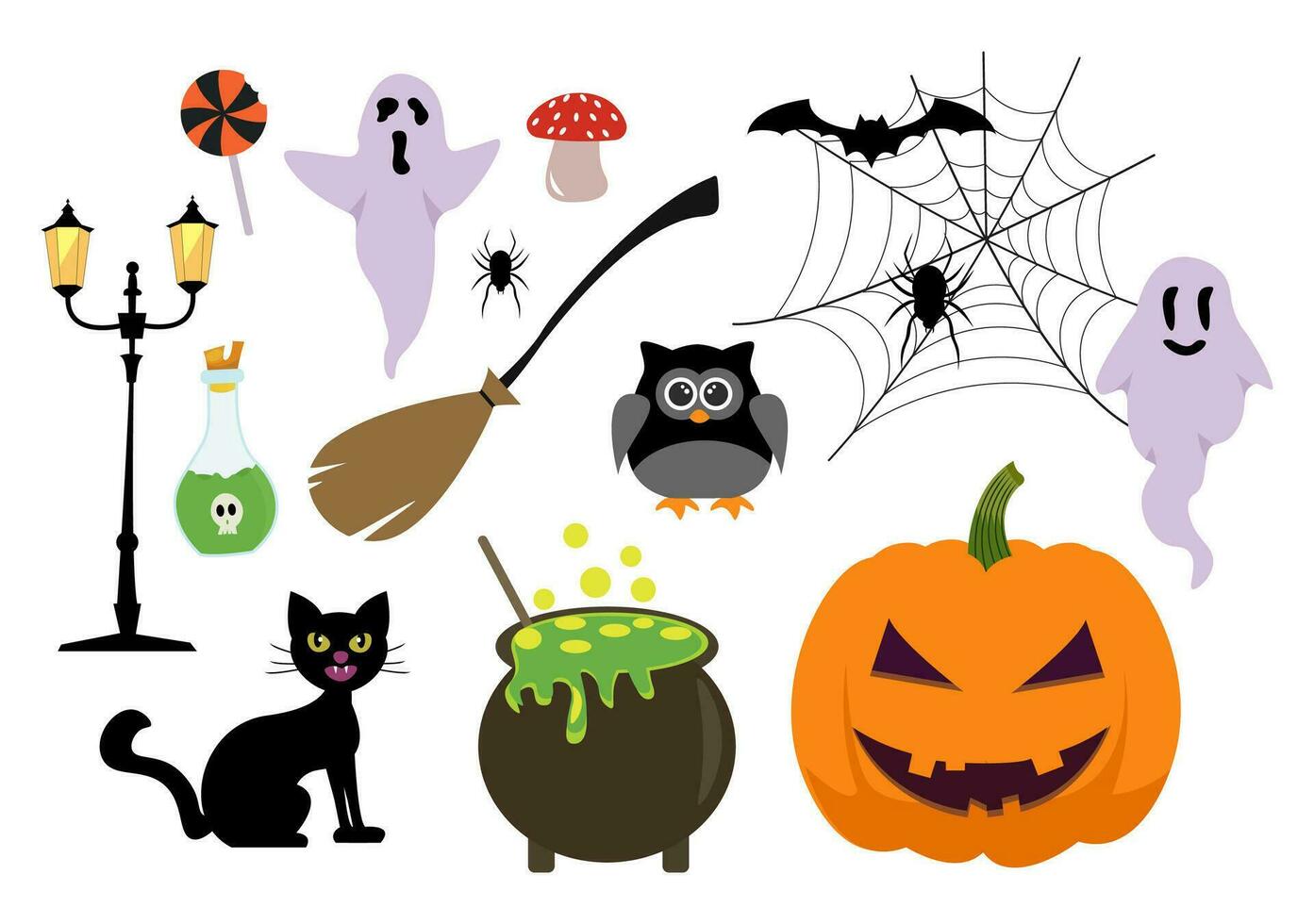 reeks halloween elementen vector illustratie met divers soorten van dingen Leuk vinden geesten, pompoenen, schedels, snoepjes en meer tekenfilm achtergrond Sjablonen