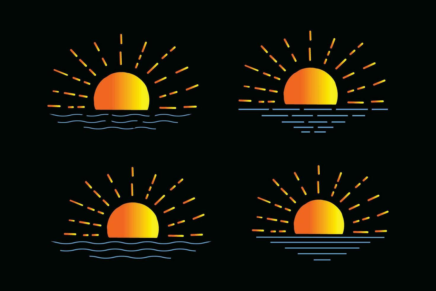 reeks van hand getekend geïsoleerd zon vectoren, zomer zonsopkomst zonsondergang zonneschijn zonnelogo icoon, stijgende lijn zonlicht icoon, zomertijd zonnestraal pictogrammen, lijn kunst geel zon verzameling, heet weer pictogrammen, water golven vector