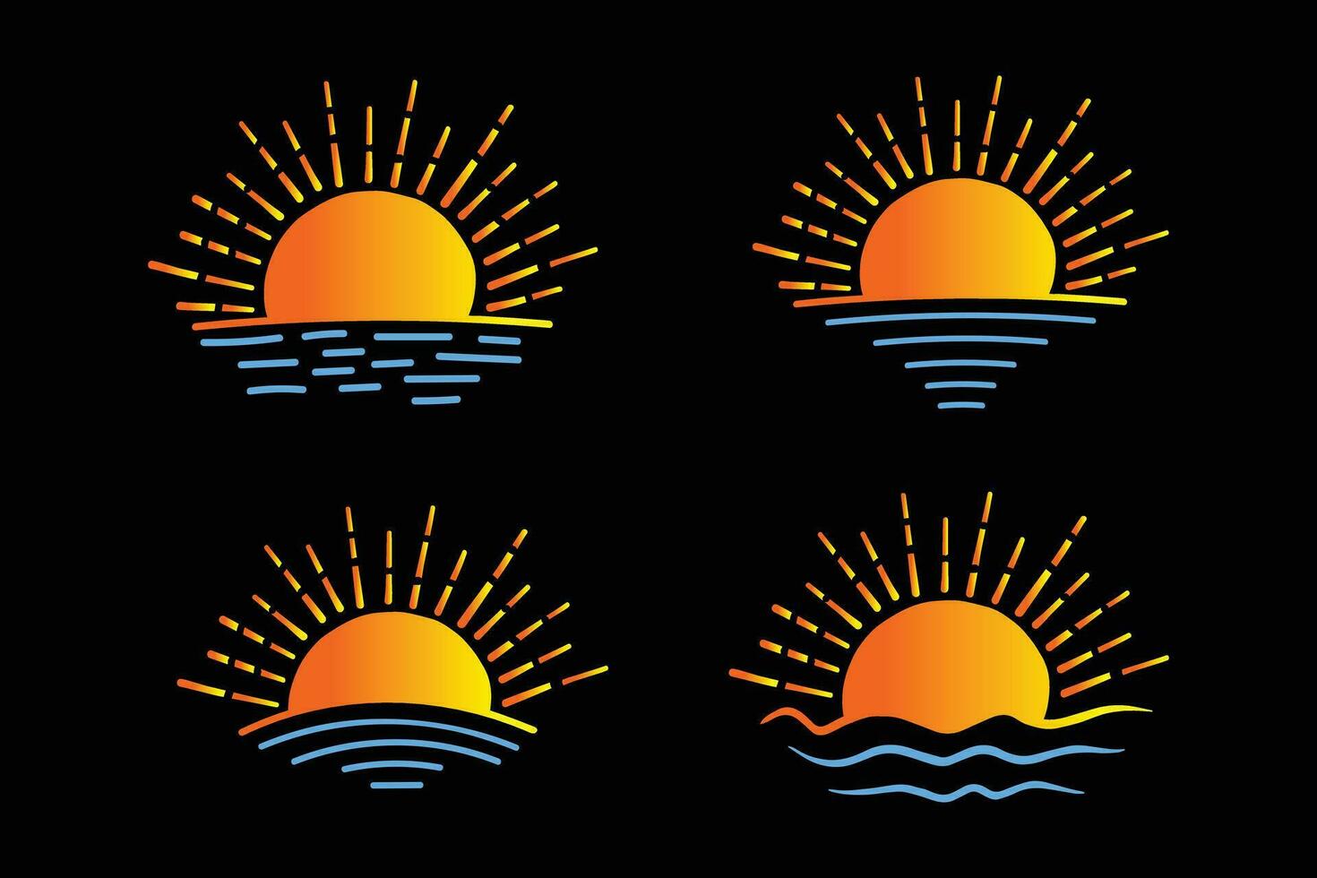 reeks van hand getekend geïsoleerd zon vectoren, zomer zonsopkomst zonsondergang zonneschijn zonnelogo icoon, stijgende lijn zonlicht icoon, zomertijd zonnestraal pictogrammen, lijn kunst geel zon verzameling, heet weer pictogrammen, water golven vector