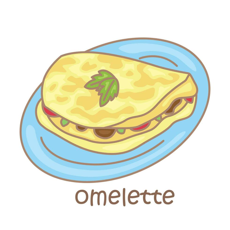 alfabet O voor omelet woordenschat school- les tekenfilm illustratie vector clip art sticker