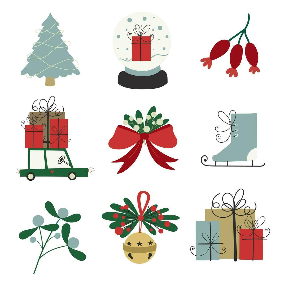 Kerstmis winter set. Kerstmis boom, sneeuw bal, roos heup BES, auto met geschenk doos, maretak boeket, ijs vleet, maretak, gouden klok, geschenken. vector