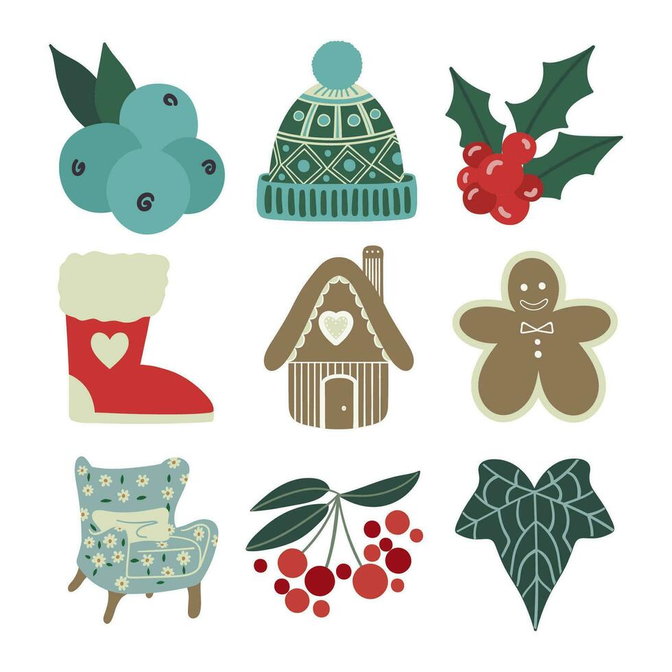 Kerstmis winter set. BES, gebreid hoed, hulst takje met BES, laars, ontbijtkoek, fauteuil, en klimop blad. vector