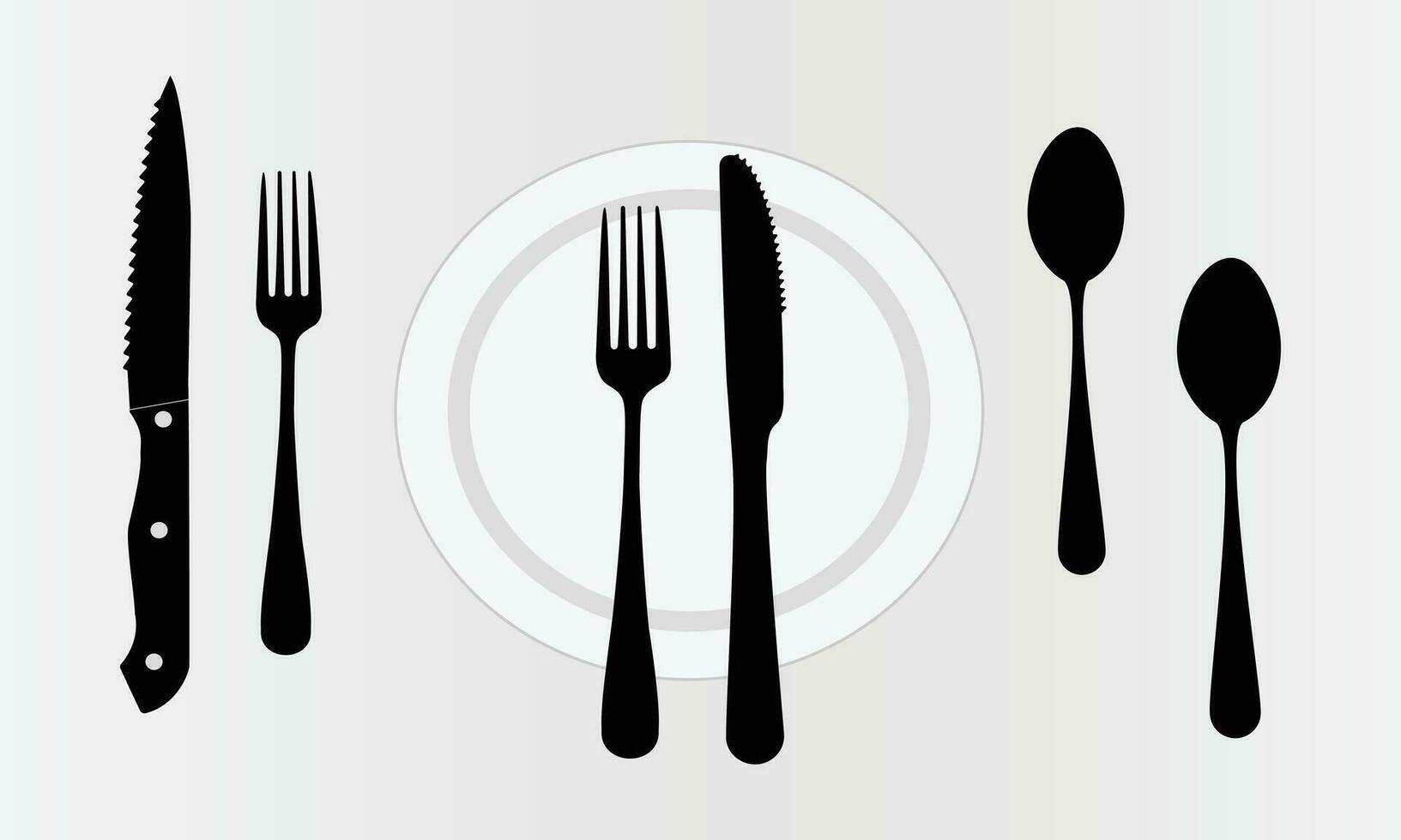 lepel, vorken, mes, en bord reeks pictogrammen, verzameling van bestek verschillend vormen, restaurant bedrijf concept, vector illustratie, bestek lijn icoon.