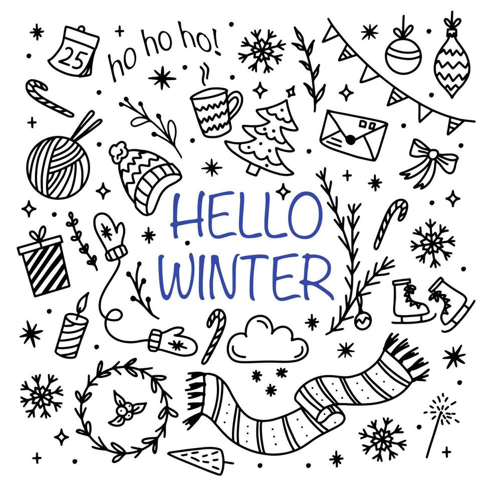 winter tekening set. sneeuw, kerstmis, Kerstmis boom, warm kleren, heet drankjes. winter seizoen elementen perfect voor plakboek, kaart, poster, uitnodiging, sticker uitrusting. vector illustratie