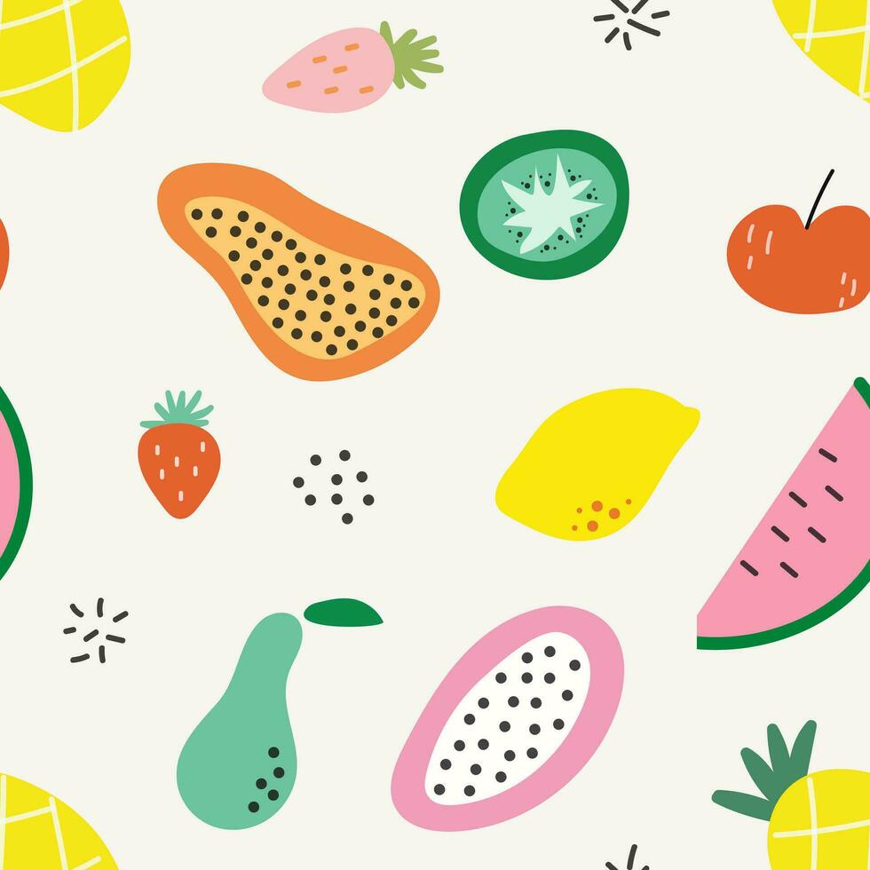 pret kleurrijk exotisch fruit naadloos patroon. schattig tekenfilm kinderachtig krabbels. tropisch fruit mengen Aan beige achtergrond. vers aardbei, kiwi, Peer, papaja, citroen, ananas, watermeloen en pitaya vector