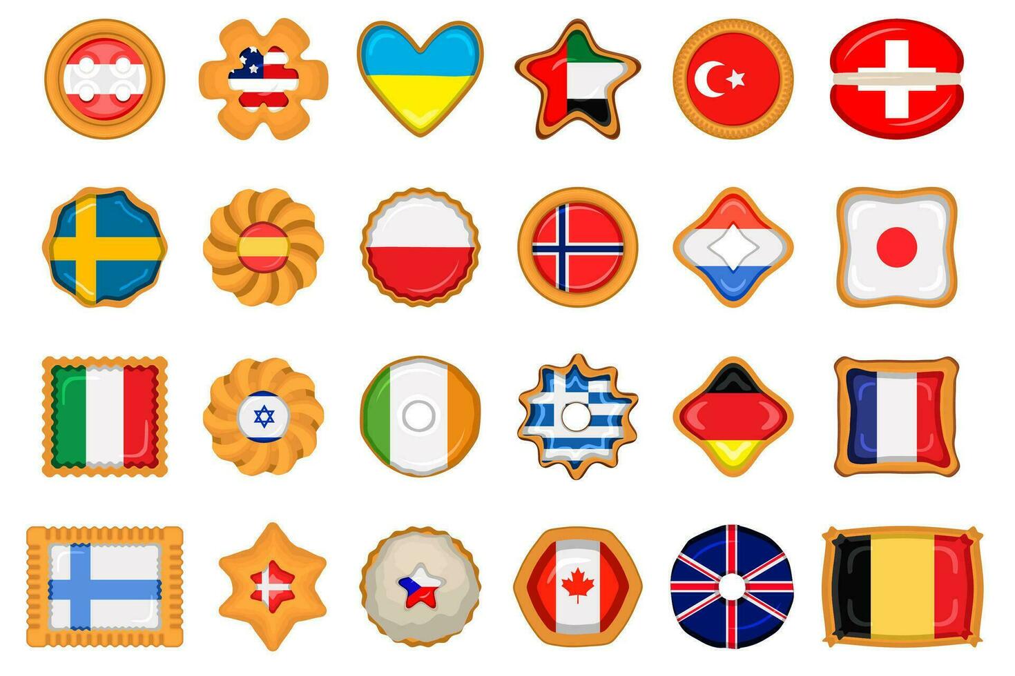 reeks eigengemaakt koekje met vlag land wereld in smakelijk biscuit vector