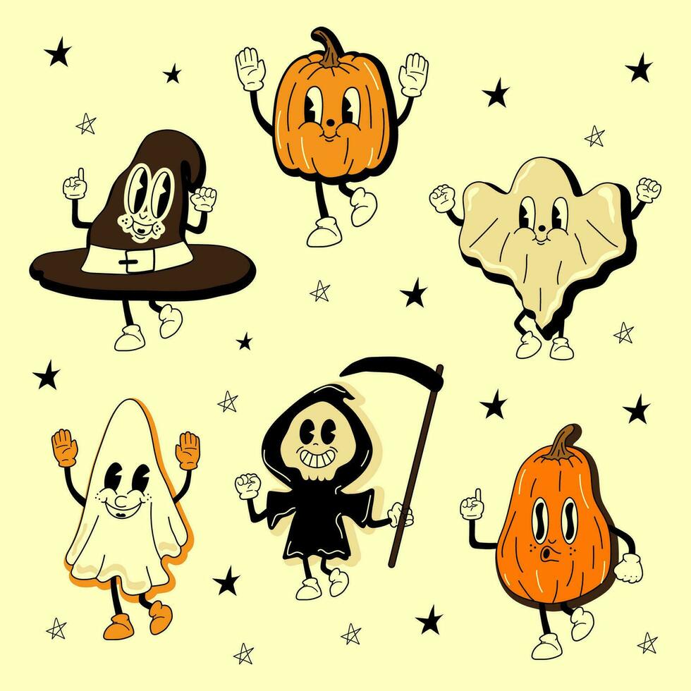 reeks van halloween Jaren 30 tekenfilm mascotte karakter jaren 40, jaren 50, Jaren 60 oud animatie stijl. tekenfilm vrolijk halloween mascotte vector