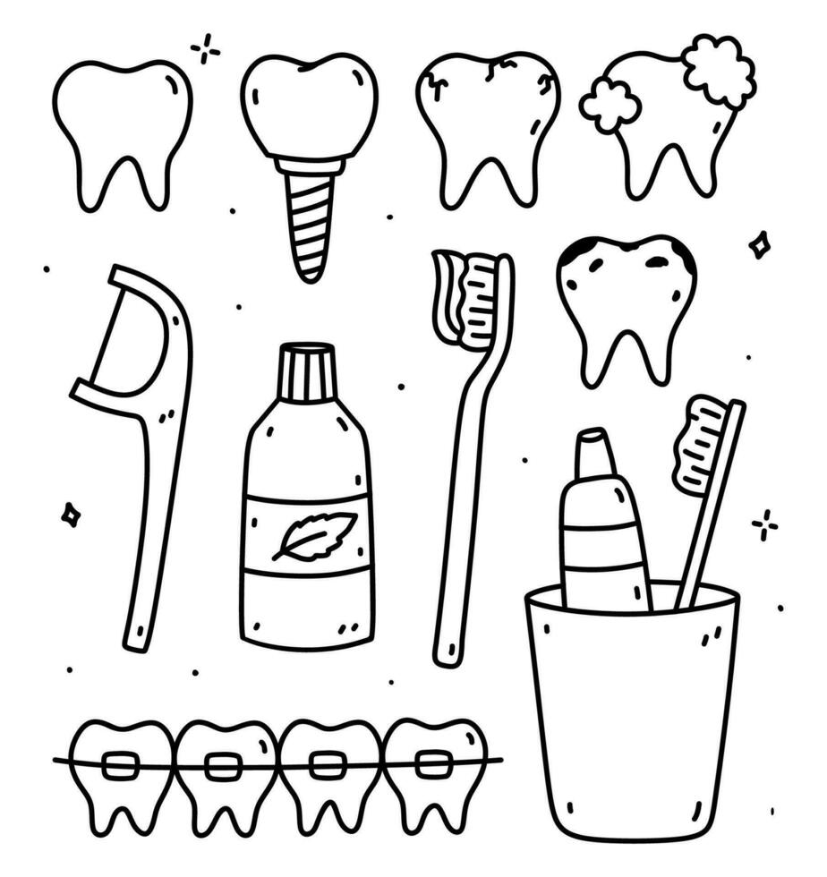 tandheelkundig zorg tekening set. gezond en ziek tanden, een beugel, implantaten, tandenborstel, tandpasta, flossen, mondwater. mondeling hygiëne. vector hand getekend illustratie geïsoleerd Aan wit achtergrond.