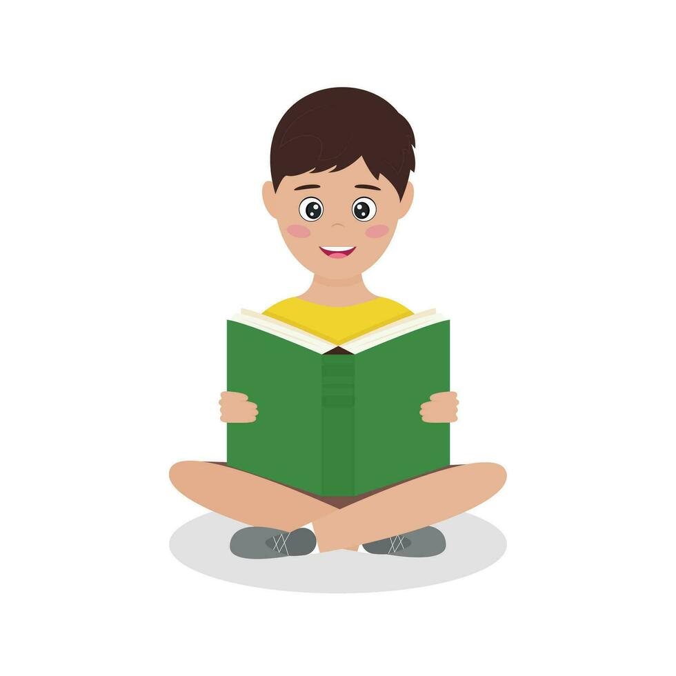 glimlachen jongen zittend met boek in zijn handen. Internationale geletterdheid of wereld boek lezing dag. opleiding, kennis, studie concept. vlak vector illustratie