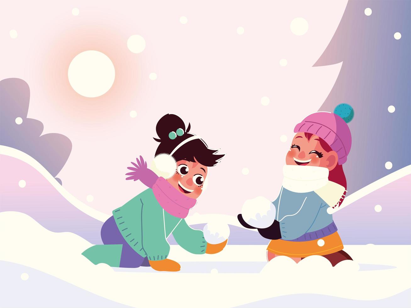 grappige kleine meisjes met warme kleren die in de sneeuw spelen, winters tafereel vector