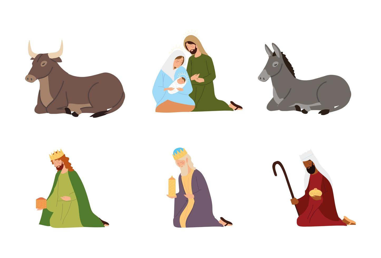 geboorte, kribbe iconen wijze koningen joseph mary baby en dieren vector